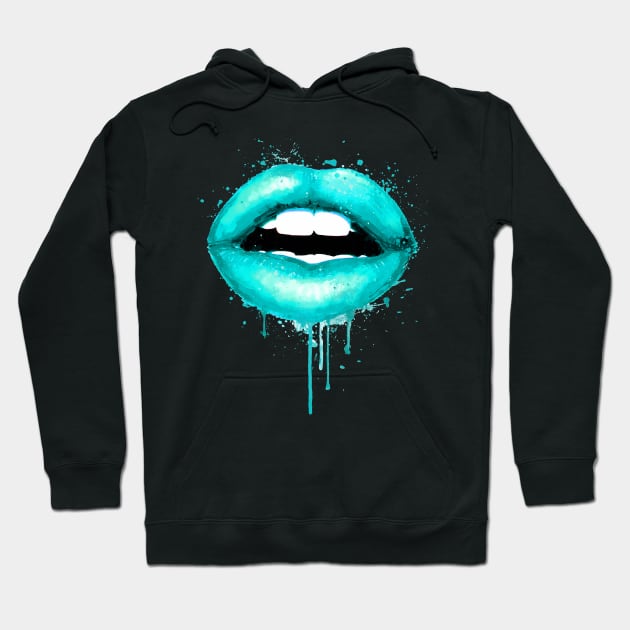 Turquoise Lips Love Kiss Print Makeup Sexy Girl Hoodie by LotusGifts